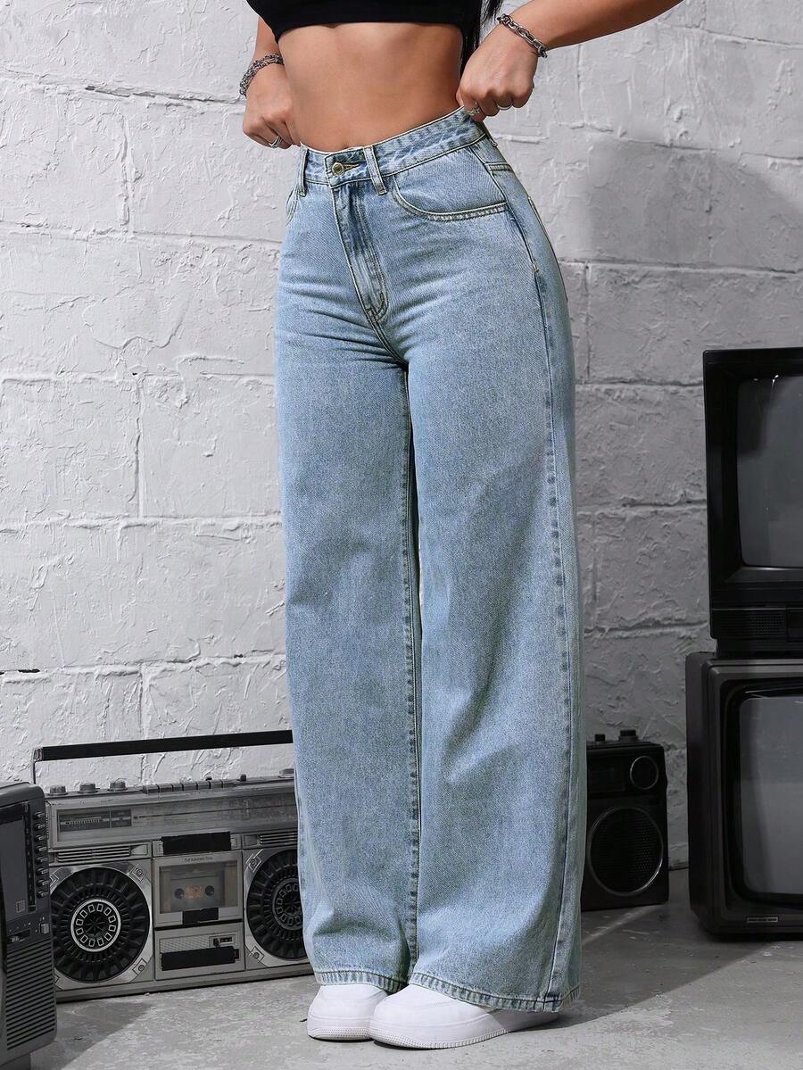 SHEIN ICON Women's Loose Fit Wide Leg Pockets Casual Versatile Jeans Pants