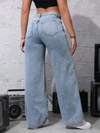 SHEIN ICON Women's Loose Fit Wide Leg Pockets Casual Versatile Jeans Pants