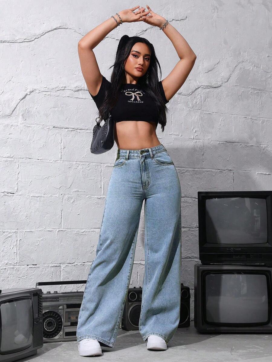 SHEIN ICON Women's Loose Fit Wide Leg Pockets Casual Versatile Jeans Pants