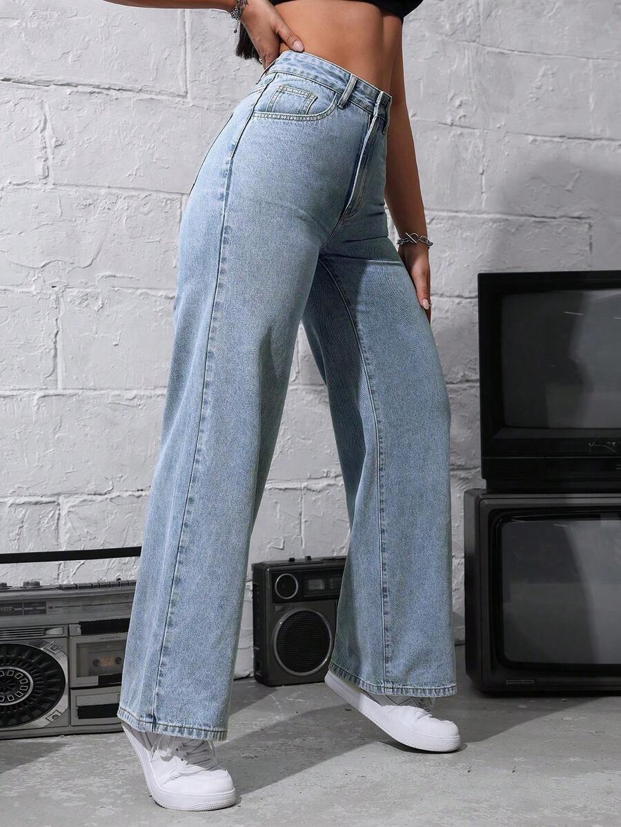 SHEIN ICON Women's Loose Fit Wide Leg Pockets Casual Versatile Jeans Pants