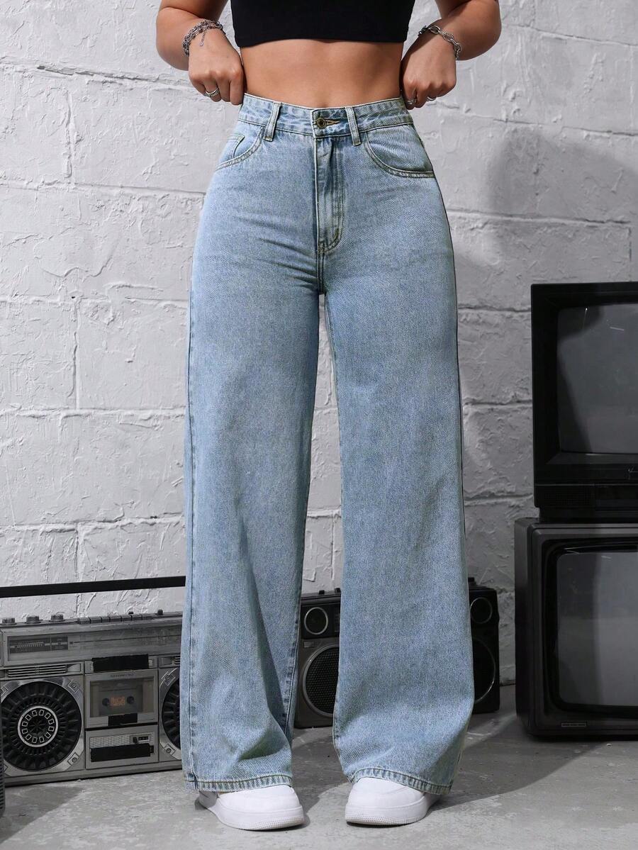 SHEIN ICON Women's Loose Fit Wide Leg Pockets Casual Versatile Jeans Pants
