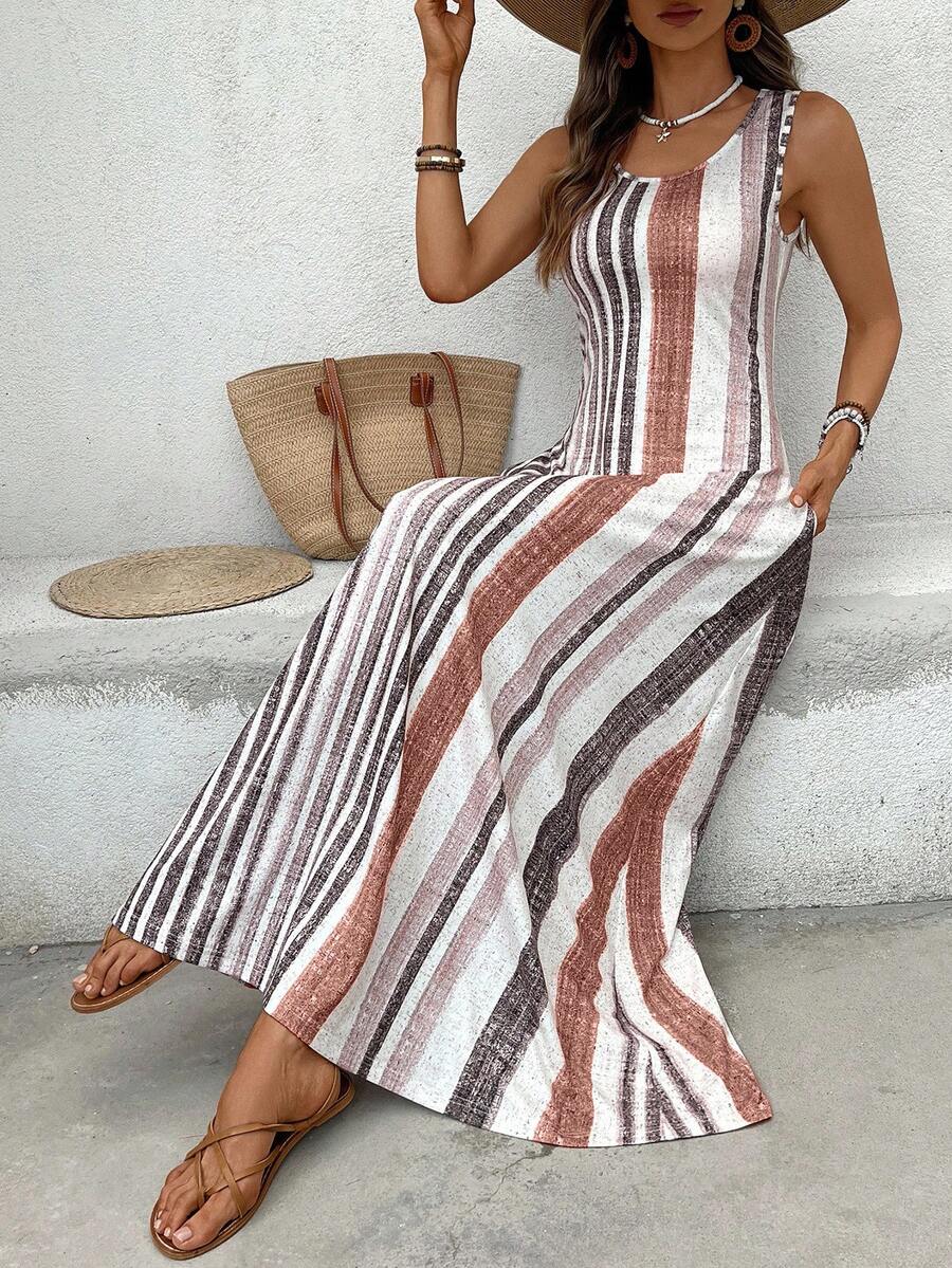 EMERY ROSE Women's Retro Striped Sleeveless Round Neck Dress