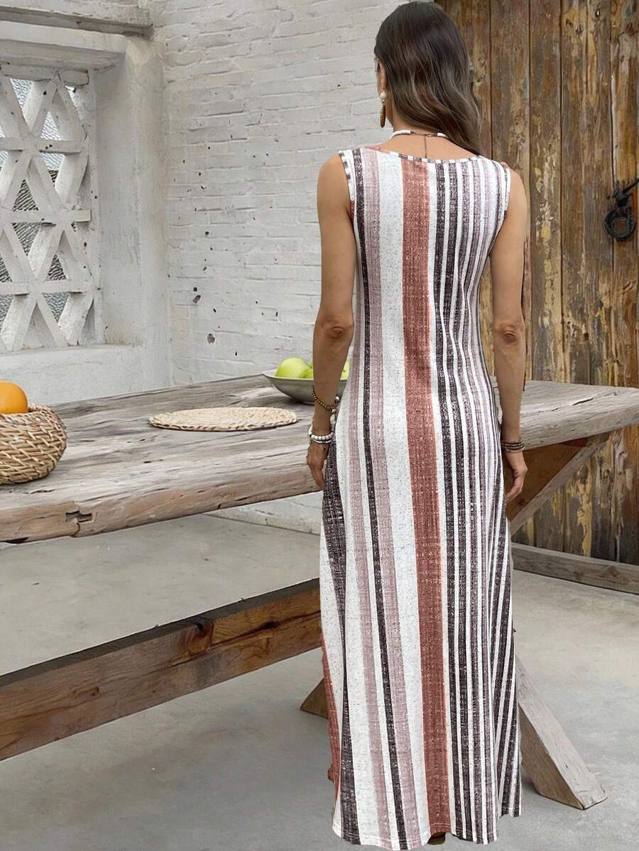EMERY ROSE Women's Retro Striped Sleeveless Round Neck Dress