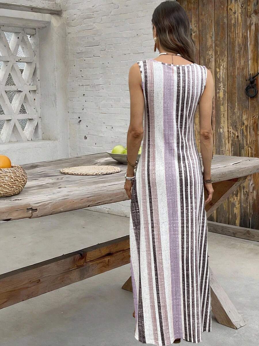 EMERY ROSE Women's Retro Striped Sleeveless Round Neck Dress