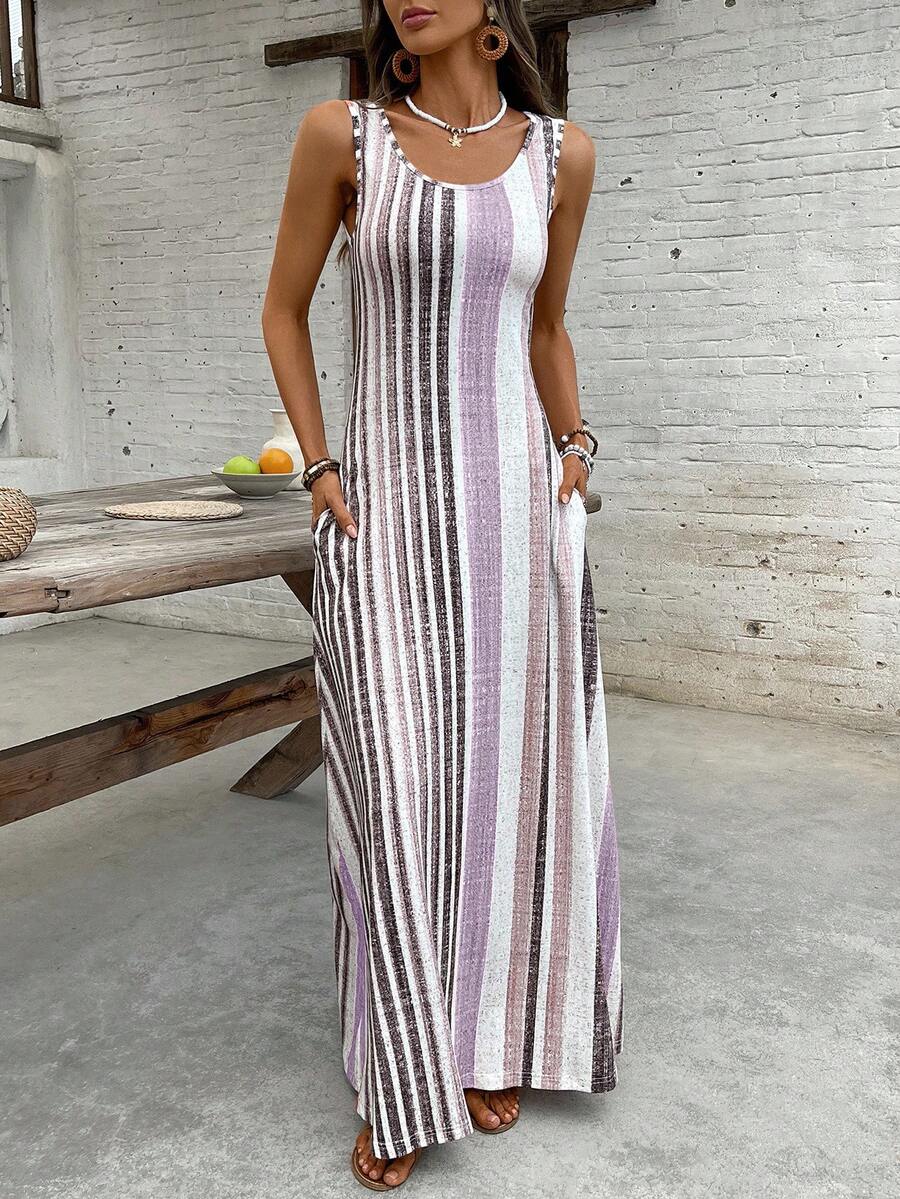 EMERY ROSE Women's Retro Striped Sleeveless Round Neck Dress