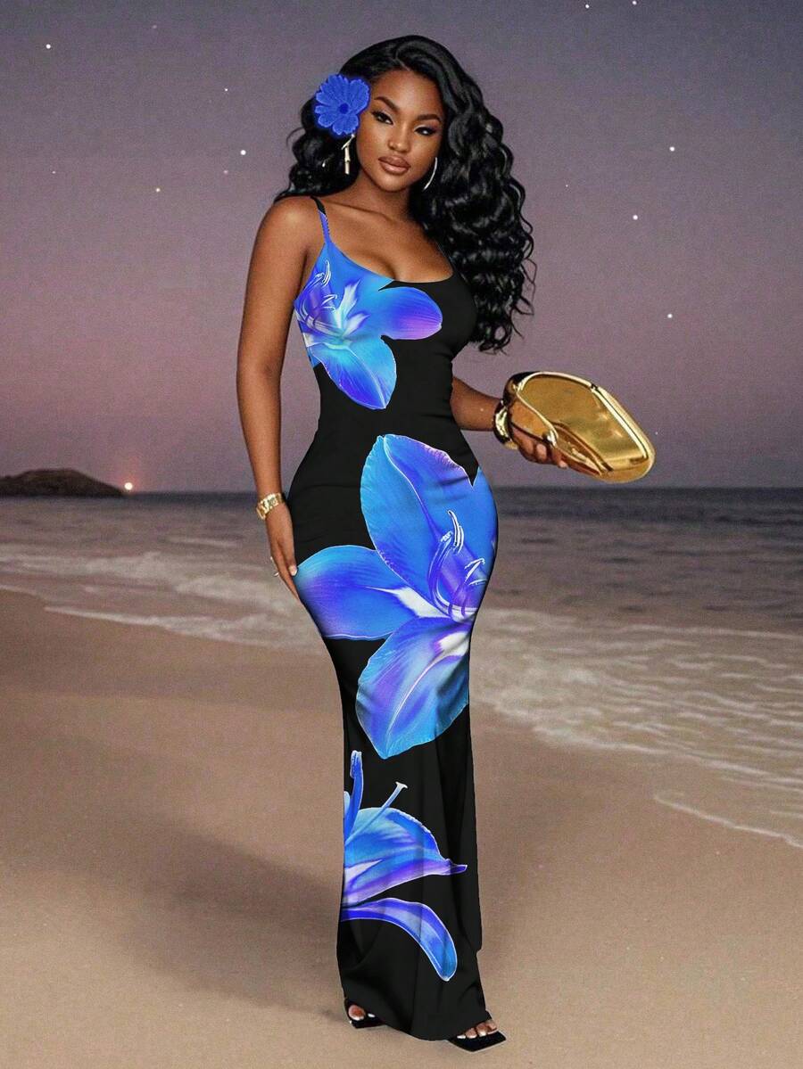Slaydiva Casual Floral Print Camisole Bodycon Long Dress For Women, Summer Yellow Floral Bodycon Dress Yellow Summer Dress Bodycon Dress Women Yellow Dress Floral Print Bodycon Dress Suitable For Going Out Chic Dress
