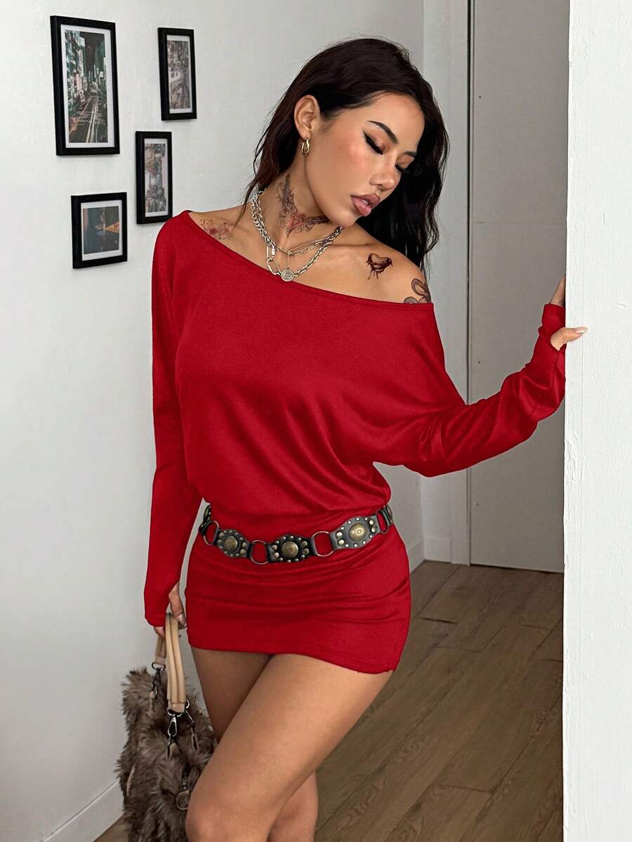 Coolane Women's Fall Y2K Basic Daily Wear Casual Black Knit Asymmetrical Shoulder Batwing Sleeve Beltless Mini Dress