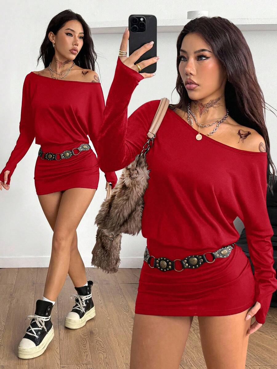 Coolane Women's Fall Y2K Basic Daily Wear Casual Black Knit Asymmetrical Shoulder Batwing Sleeve Beltless Mini Dress