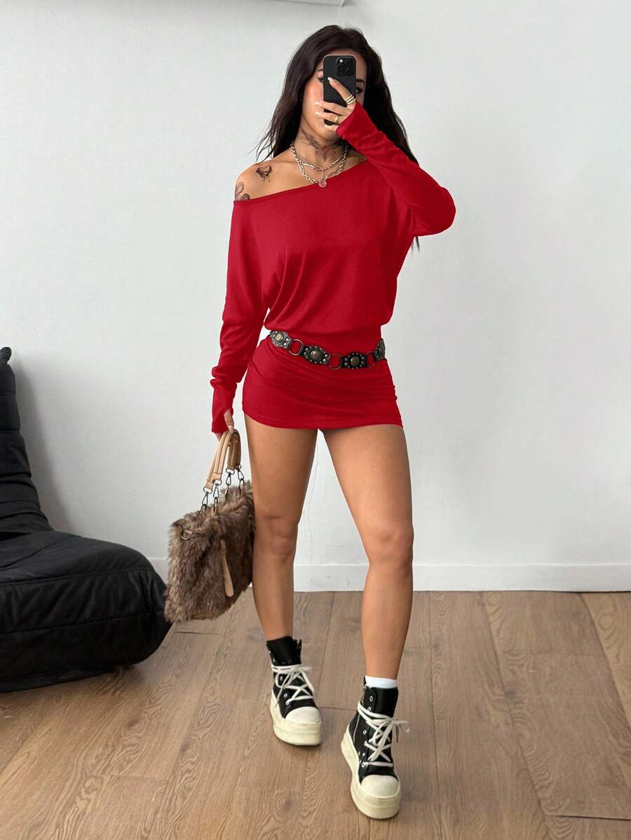Coolane Women's Fall Y2K Basic Daily Wear Casual Black Knit Asymmetrical Shoulder Batwing Sleeve Beltless Mini Dress