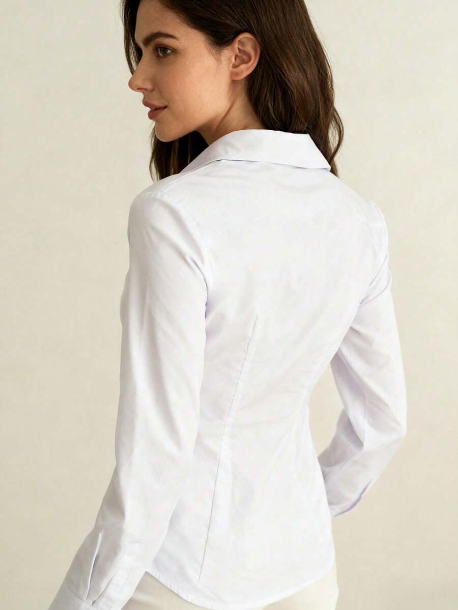New Women's Elegant Blouse, Fashionable White Long Sleeve Button-Up Shirt With Pleated Design, High-End Sophisticated Style, Professional Minimalist Look, Suitable For Casual Occasions And Dates