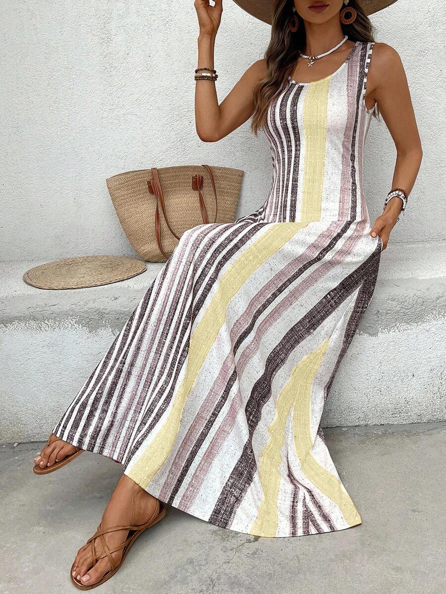 EMERY ROSE Women's Retro Striped Sleeveless Round Neck Dress
