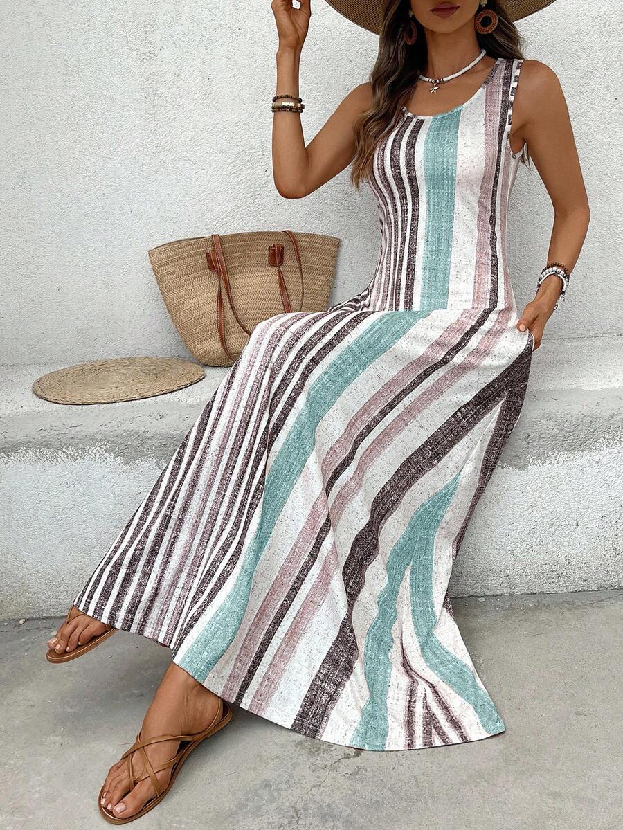 EMERY ROSE Women's Retro Striped Sleeveless Round Neck Dress