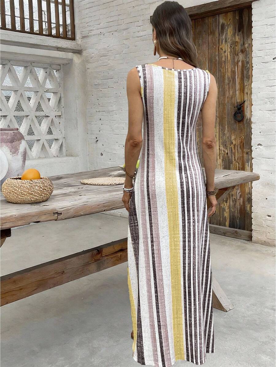 EMERY ROSE Women's Retro Striped Sleeveless Round Neck Dress