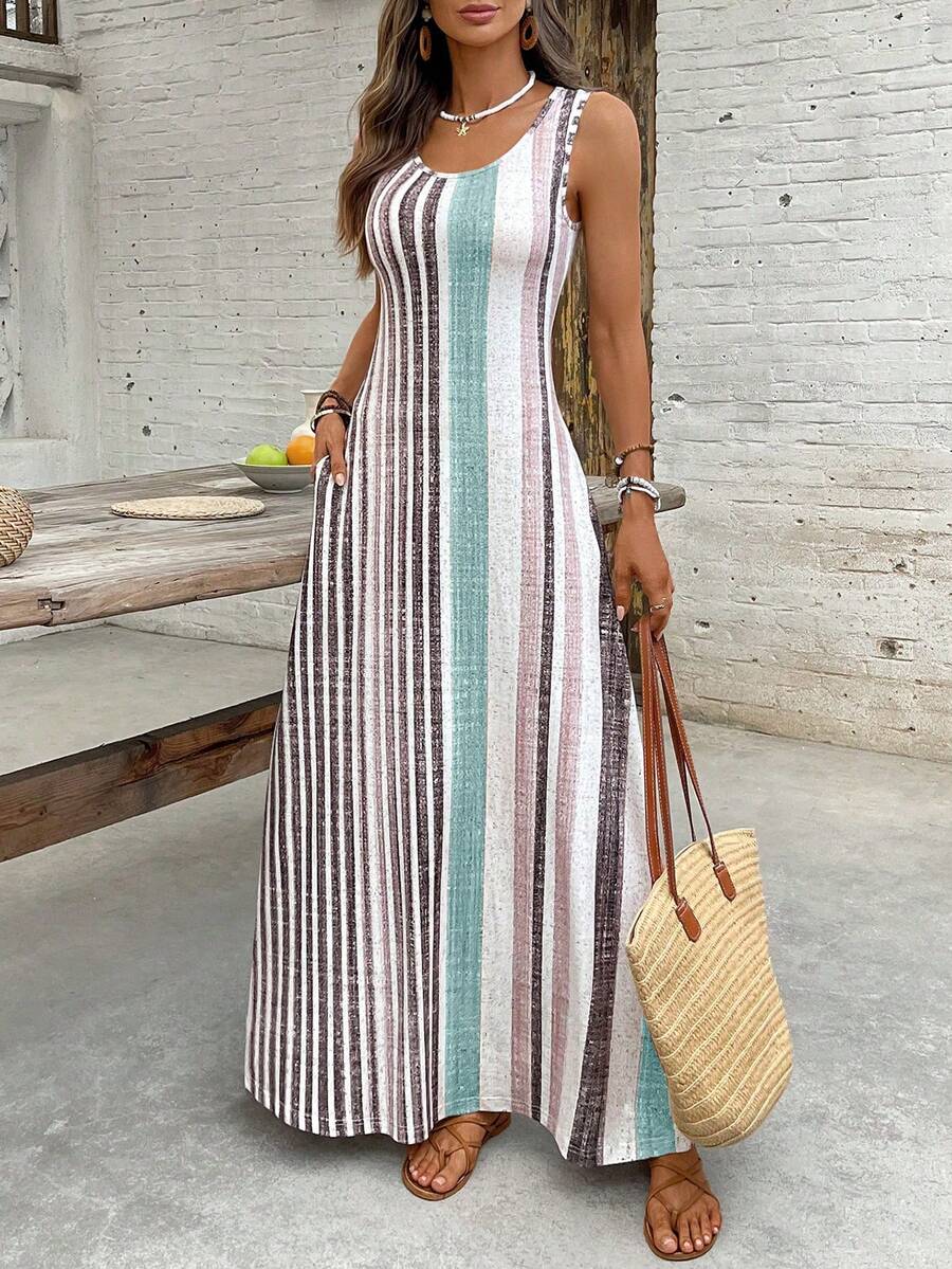 EMERY ROSE Women's Retro Striped Sleeveless Round Neck Dress