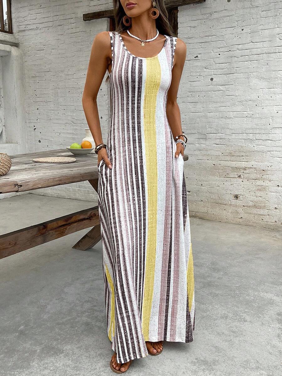 EMERY ROSE Women's Retro Striped Sleeveless Round Neck Dress