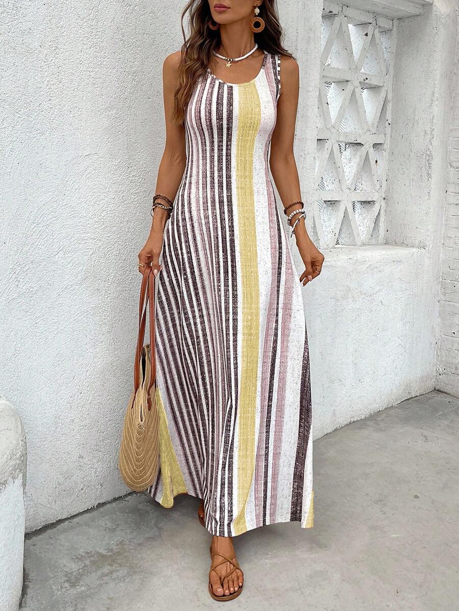 EMERY ROSE Women's Retro Striped Sleeveless Round Neck Dress