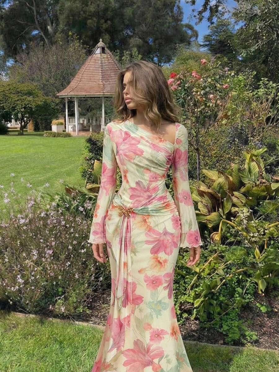 SHEIN MOD Women's Metallic Butterfly Ombre Abstract Floral Bell Sleeve Dress, Brown Elegant Women Dress, Brown Long Dress, Earth Tone Dress, Unique Dress,Elegant,Luxury,Party Dress,Dresses For Women Elegant