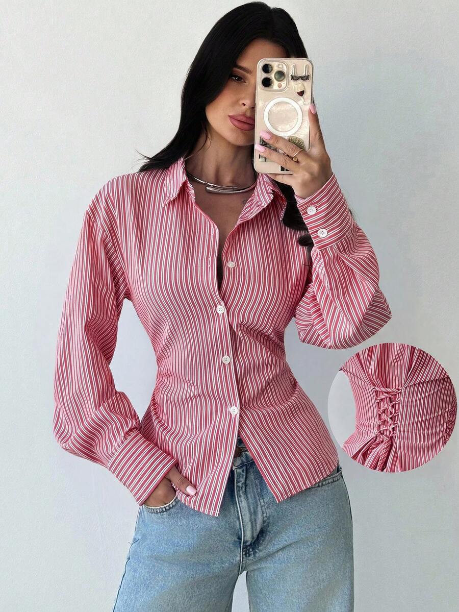Firerie Women's Blue And White Striped Long Sleeve Shirt, Tie-Waist Shirt, Casual Commuter Shirt, Vacation Shirt, Cinched Waist Striped Shirt, Suitable For Spring, Summer, Autumn And Winter, Elegant, Vacation, Bohemian, Work Attire