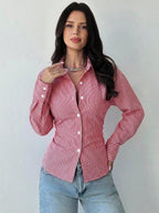 Firerie Women's Blue And White Striped Long Sleeve Shirt, Tie-Waist Shirt, Casual Commuter Shirt, Vacation Shirt, Cinched Waist Striped Shirt, Suitable For Spring, Summer, Autumn And Winter, Elegant, Vacation, Bohemian, Work Attire