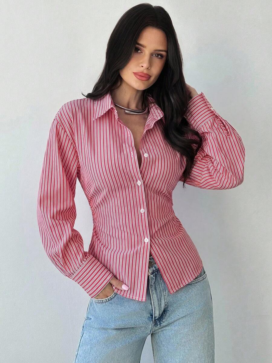 Firerie Women's Blue And White Striped Long Sleeve Shirt, Tie-Waist Shirt, Casual Commuter Shirt, Vacation Shirt, Cinched Waist Striped Shirt, Suitable For Spring, Summer, Autumn And Winter, Elegant, Vacation, Bohemian, Work Attire