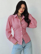 Firerie Women's Blue And White Striped Long Sleeve Shirt, Tie-Waist Shirt, Casual Commuter Shirt, Vacation Shirt, Cinched Waist Striped Shirt, Suitable For Spring, Summer, Autumn And Winter, Elegant, Vacation, Bohemian, Work Attire