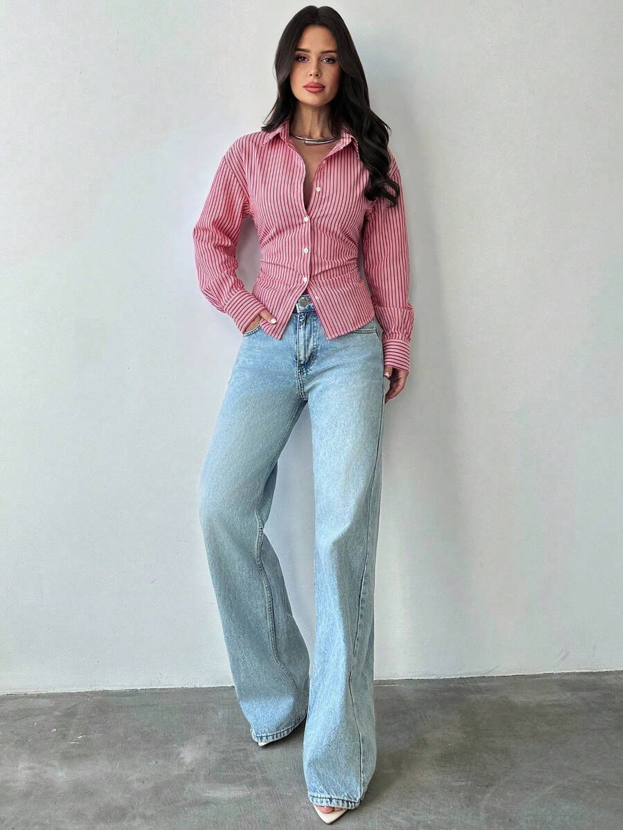 Firerie Women's Blue And White Striped Long Sleeve Shirt, Tie-Waist Shirt, Casual Commuter Shirt, Vacation Shirt, Cinched Waist Striped Shirt, Suitable For Spring, Summer, Autumn And Winter, Elegant, Vacation, Bohemian, Work Attire