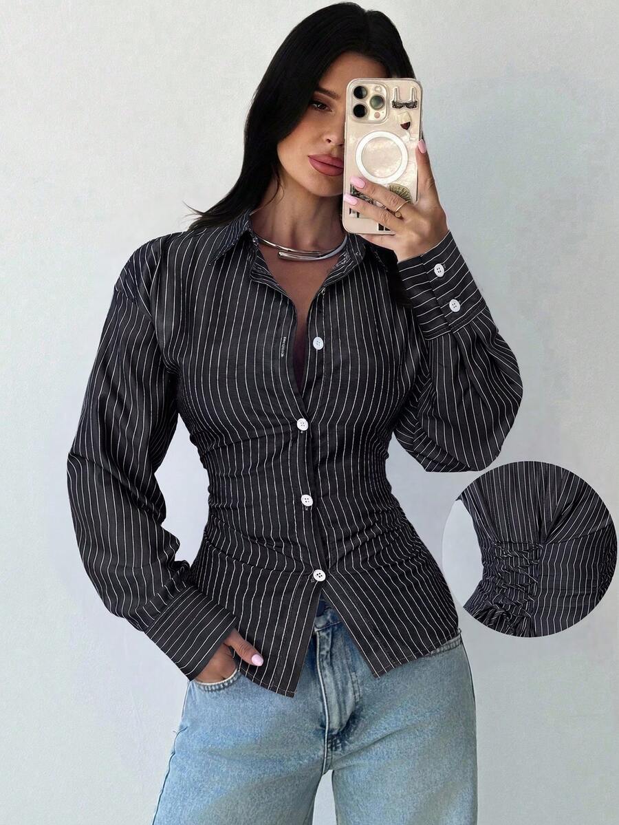 Firerie Women's Blue And White Striped Long Sleeve Shirt, Tie-Waist Shirt, Casual Commuter Shirt, Vacation Shirt, Cinched Waist Striped Shirt, Suitable For Spring, Summer, Autumn And Winter, Elegant, Vacation, Bohemian, Work Attire
