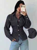Firerie Women's Blue And White Striped Long Sleeve Shirt, Tie-Waist Shirt, Casual Commuter Shirt, Vacation Shirt, Cinched Waist Striped Shirt, Suitable For Spring, Summer, Autumn And Winter, Elegant, Vacation, Bohemian, Work Attire