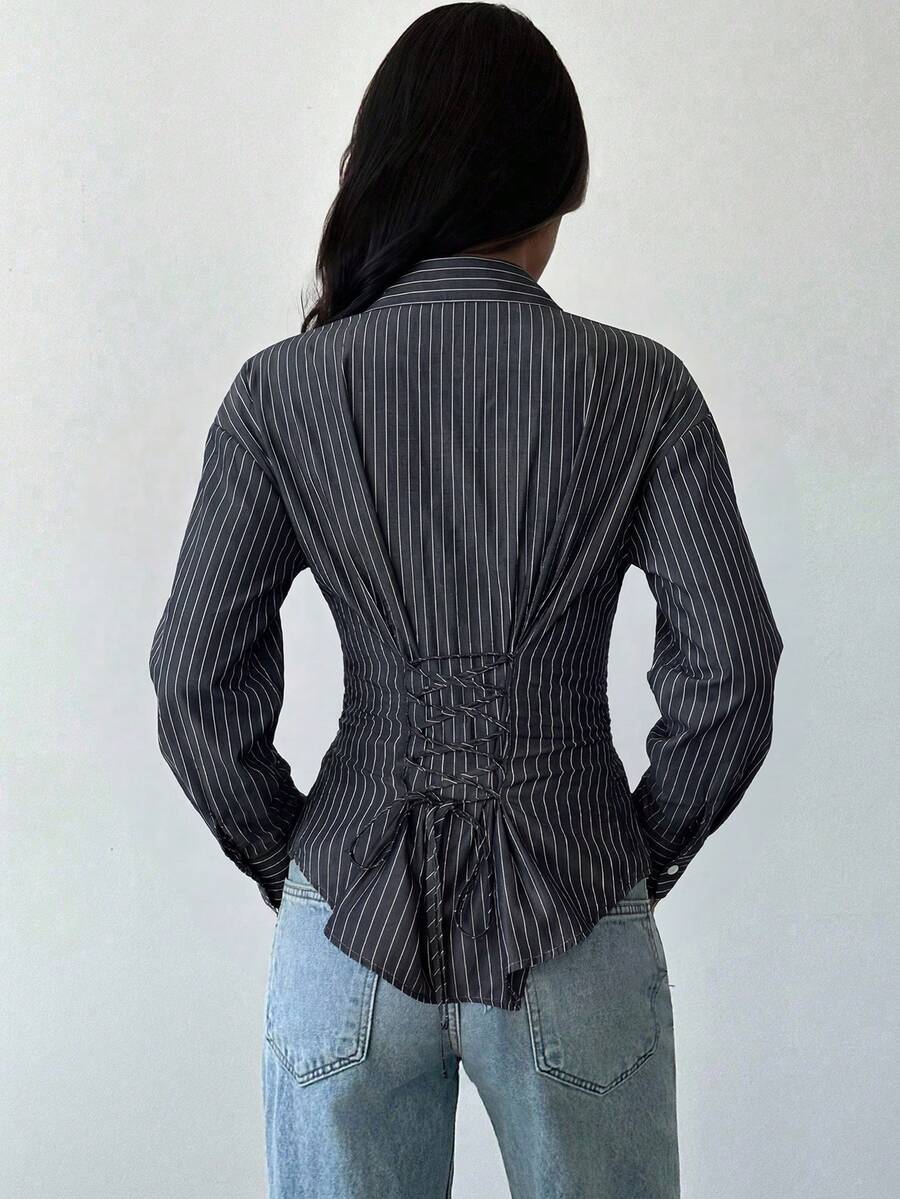 Firerie Women's Blue And White Striped Long Sleeve Shirt, Tie-Waist Shirt, Casual Commuter Shirt, Vacation Shirt, Cinched Waist Striped Shirt, Suitable For Spring, Summer, Autumn And Winter, Elegant, Vacation, Bohemian, Work Attire
