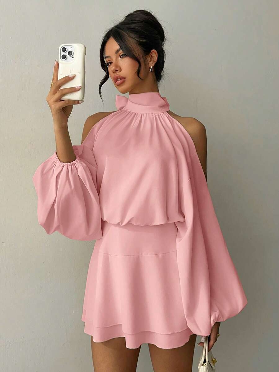 Aloruh Women's New Apricot Solid Color Mini Dress, Long Sleeve, Lantern Sleeve Design, A-Line Dress, Party Dress, Date Dress, Afternoon Tea Dress, Autumn/Winter New Year's Outfit For Women,Spring Outfit Women