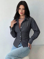 Firerie Women's Blue And White Striped Long Sleeve Shirt, Tie-Waist Shirt, Casual Commuter Shirt, Vacation Shirt, Cinched Waist Striped Shirt, Suitable For Spring, Summer, Autumn And Winter, Elegant, Vacation, Bohemian, Work Attire