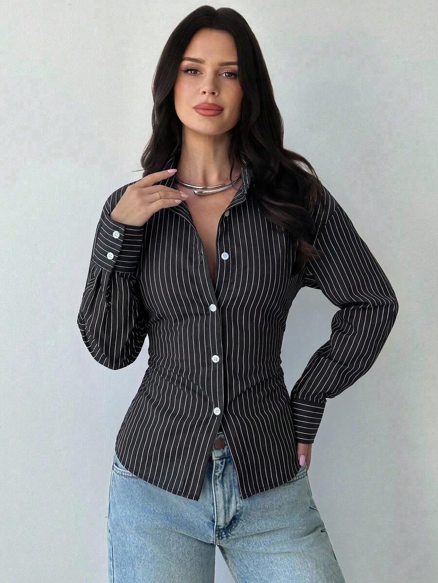 Firerie Women's Blue And White Striped Long Sleeve Shirt, Tie-Waist Shirt, Casual Commuter Shirt, Vacation Shirt, Cinched Waist Striped Shirt, Suitable For Spring, Summer, Autumn And Winter, Elegant, Vacation, Bohemian, Work Attire