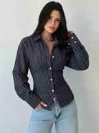 Firerie Women's Blue And White Striped Long Sleeve Shirt, Tie-Waist Shirt, Casual Commuter Shirt, Vacation Shirt, Cinched Waist Striped Shirt, Suitable For Spring, Summer, Autumn And Winter, Elegant, Vacation, Bohemian, Work Attire
