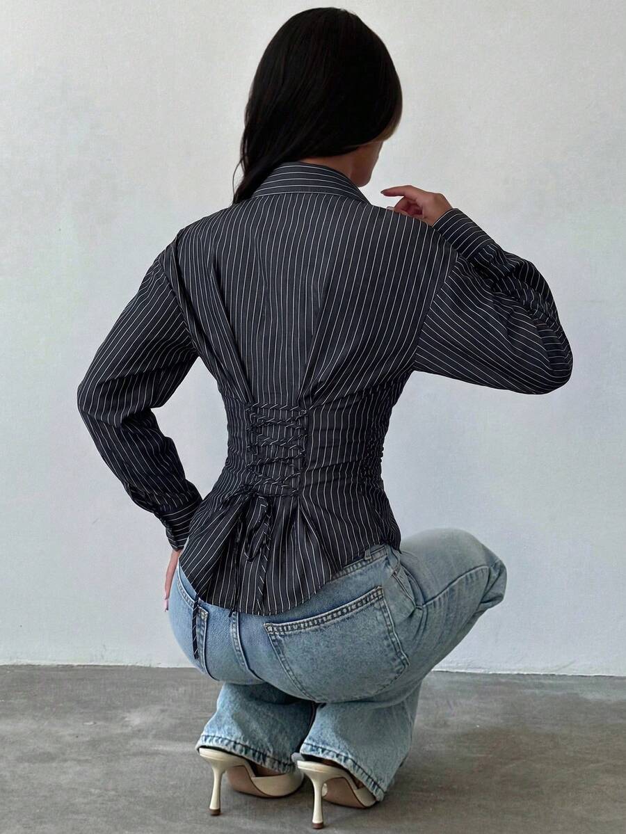 Firerie Women's Blue And White Striped Long Sleeve Shirt, Tie-Waist Shirt, Casual Commuter Shirt, Vacation Shirt, Cinched Waist Striped Shirt, Suitable For Spring, Summer, Autumn And Winter, Elegant, Vacation, Bohemian, Work Attire