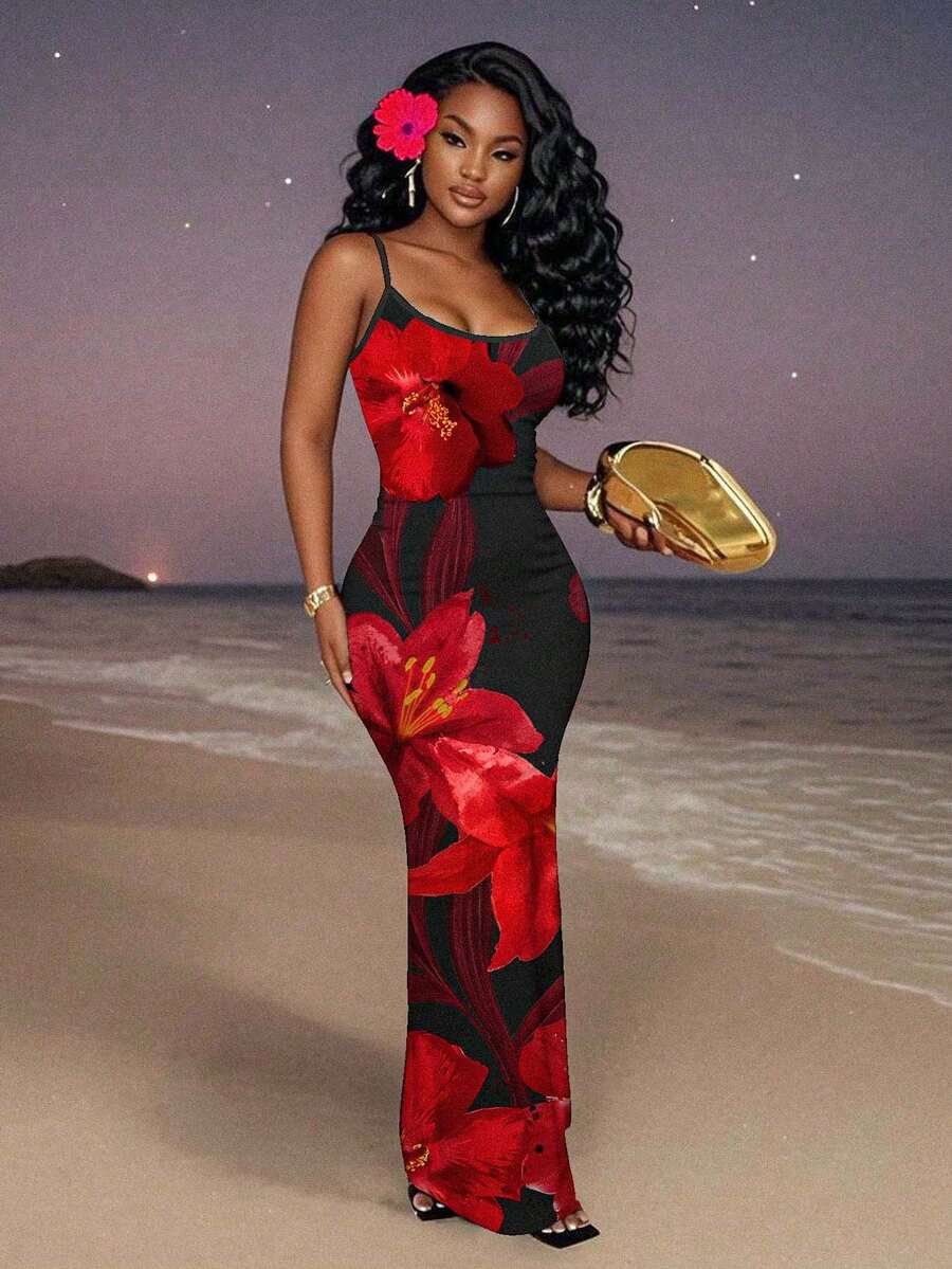 Slaydiva 2025/Summer Outfits For Women/Fall Women Clothes/Summer Dresses For Women/Elegant Dresses For Women/Wedding Guest Dress Women/Vacation Outfits Woman/Going Out/Classy Outfits For Women/Floral Graphic Casual Minimalist Sleeveless Dress Chic Dress