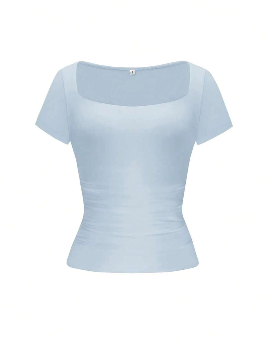 Vaiaye Women's Spring-Summer Sexy Fitted Knit Top, Solid Color Square Neck Casual T-Shirt, Suitable For Valentine's Day
