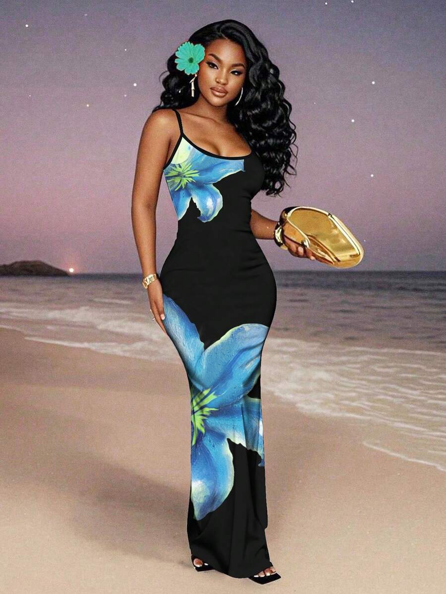 Slaydiva Casual Floral Print Camisole Bodycon Long Dress For Women, Summer Yellow Floral Bodycon Dress Yellow Summer Dress Bodycon Dress Women Yellow Dress Floral Print Bodycon Dress Suitable For Going Out Chic Dress