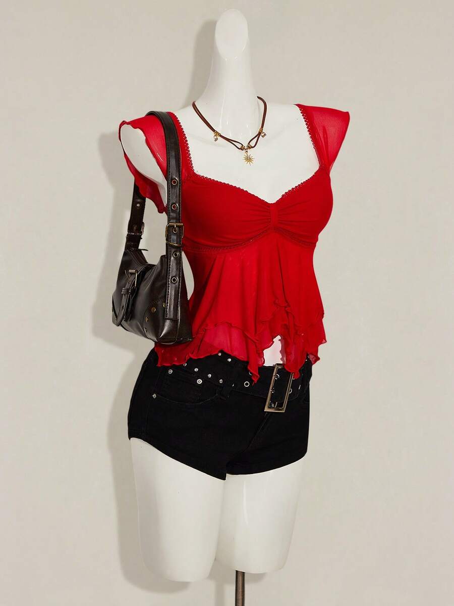 SHEIN ICON Women Ruched Front Slim-Fit Sexy Mesh Patchwork Tie Back Flutter Sleeveless Cami Top, Casual Vacation Top Ruffle Top