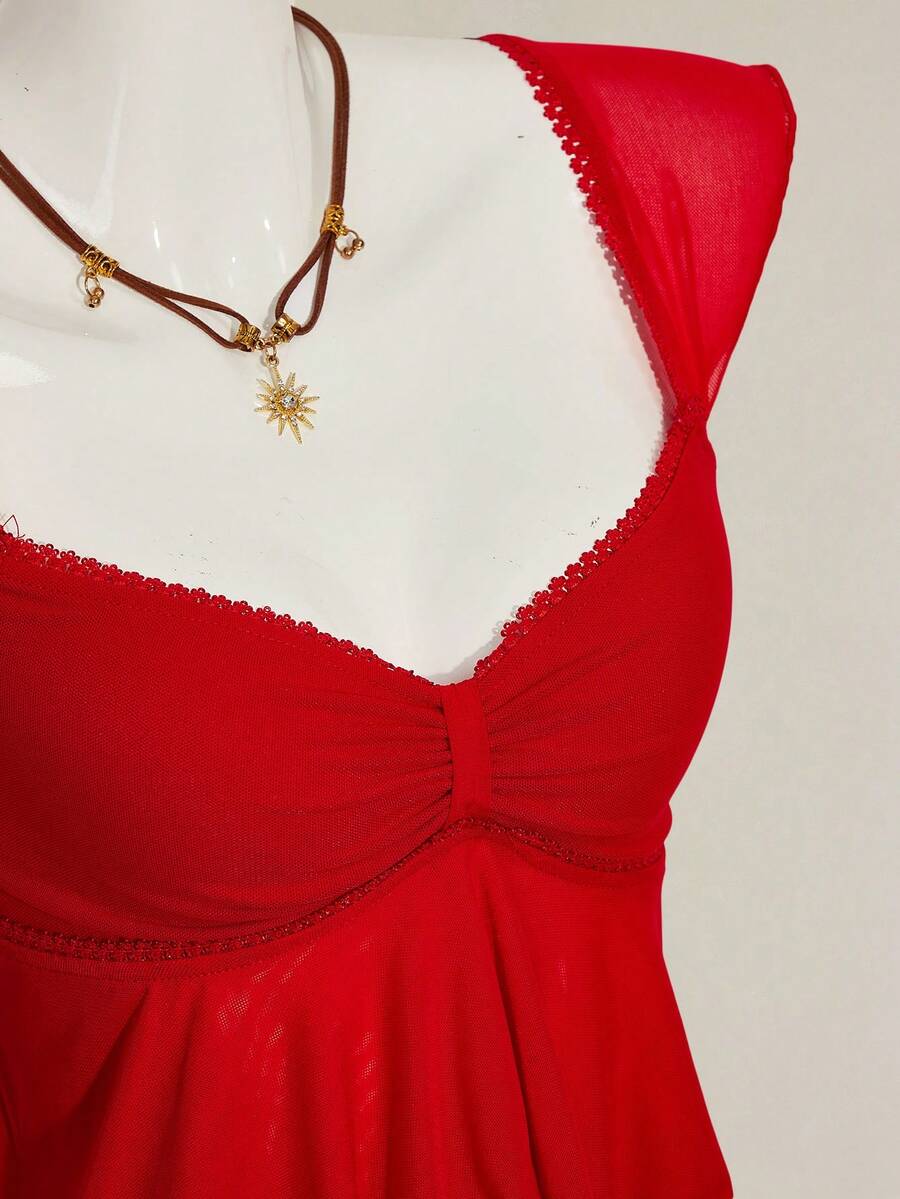 SHEIN ICON Women Ruched Front Slim-Fit Sexy Mesh Patchwork Tie Back Flutter Sleeveless Cami Top, Casual Vacation Top Ruffle Top