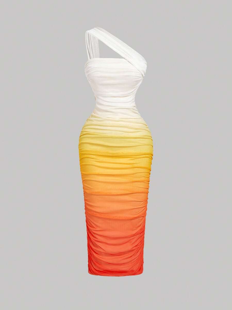 SHEIN MOD Women's Ombre Ruched Bodycon Mid-Length One Shoulder Mesh Dress,Fall / Winter, Autumn Clothes For Women,Thanksgiving,Dress, Party,Wedding,Wedding Guest Party Dress ,Elegant Dresses For Ladies,Pink,Frenchy Vacay Dress,Terrace Chill,Glamour Dress,Tea Chat Elegance Dress,Chic Autumn,Fall New Style Women, One Shoulder Dresses, Sunset Color Outfit,Women's Sexy Gradient One Shoulder Mesh Midi Bodycon Dress