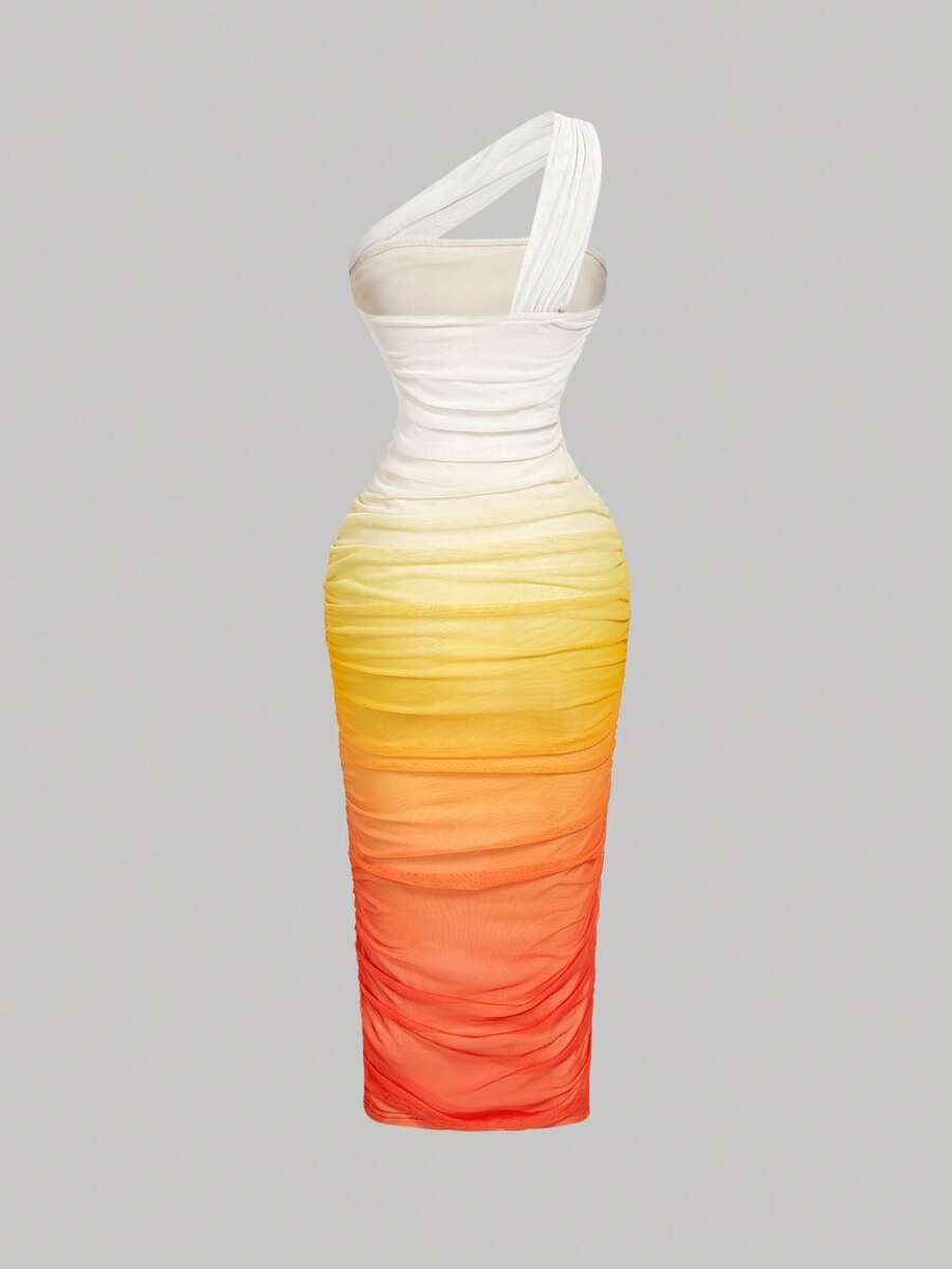 SHEIN MOD Women's Ombre Ruched Bodycon Mid-Length One Shoulder Mesh Dress,Fall / Winter, Autumn Clothes For Women,Thanksgiving,Dress, Party,Wedding,Wedding Guest Party Dress ,Elegant Dresses For Ladies,Pink,Frenchy Vacay Dress,Terrace Chill,Glamour Dress,Tea Chat Elegance Dress,Chic Autumn,Fall New Style Women, One Shoulder Dresses, Sunset Color Outfit,Women's Sexy Gradient One Shoulder Mesh Midi Bodycon Dress