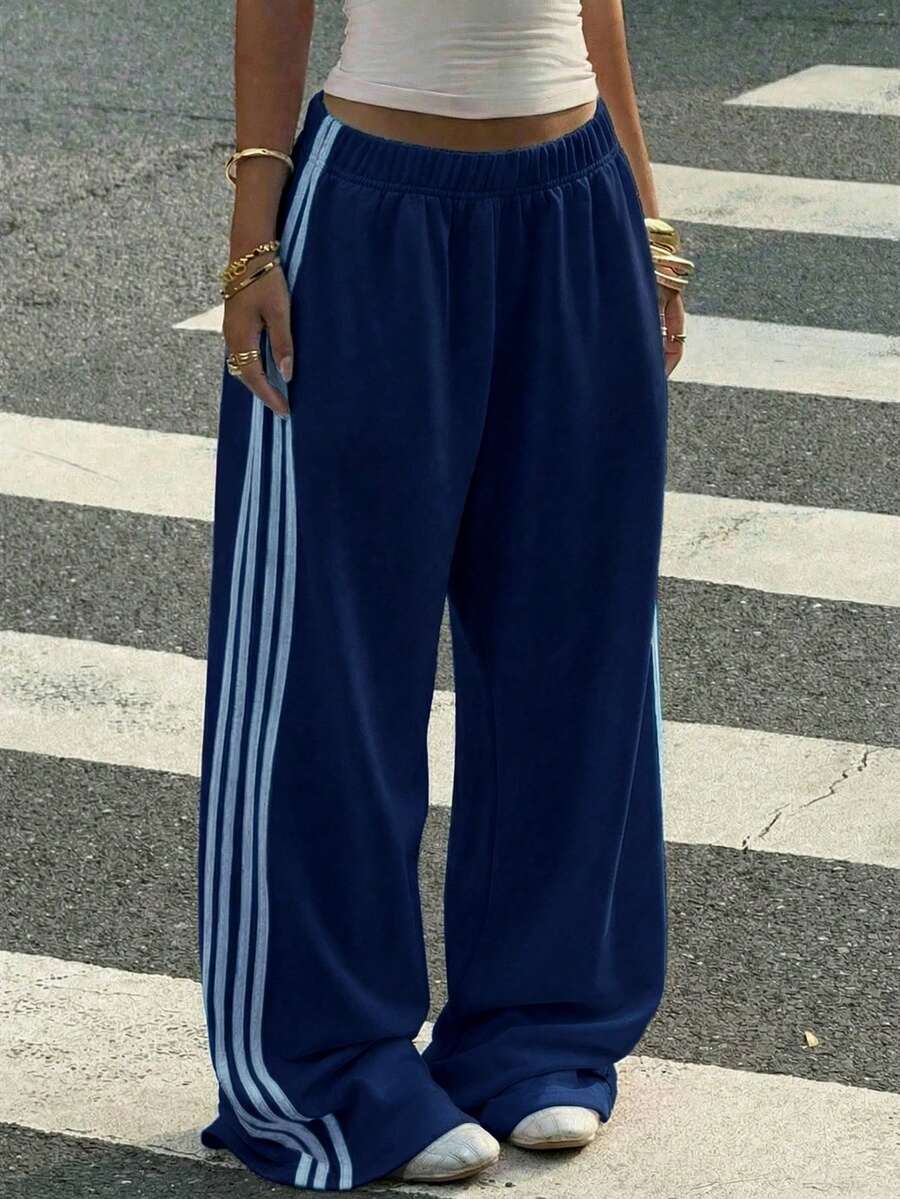 Muchica Women's White Striped Knitted Sweatpants Extra Long Straight Leg Pink Side Stripe Loose Fit Casual Track Pants For Everyday Wear White Beach Pants White Wide Leg Pants Women Wide Pants Wide Leg Summer Pants Palazzo Pants Women White Track Pants Women