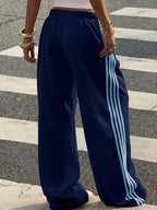 Muchica Women's White Striped Knitted Sweatpants Extra Long Straight Leg Pink Side Stripe Loose Fit Casual Track Pants For Everyday Wear White Beach Pants White Wide Leg Pants Women Wide Pants Wide Leg Summer Pants Palazzo Pants Women White Track Pants Women