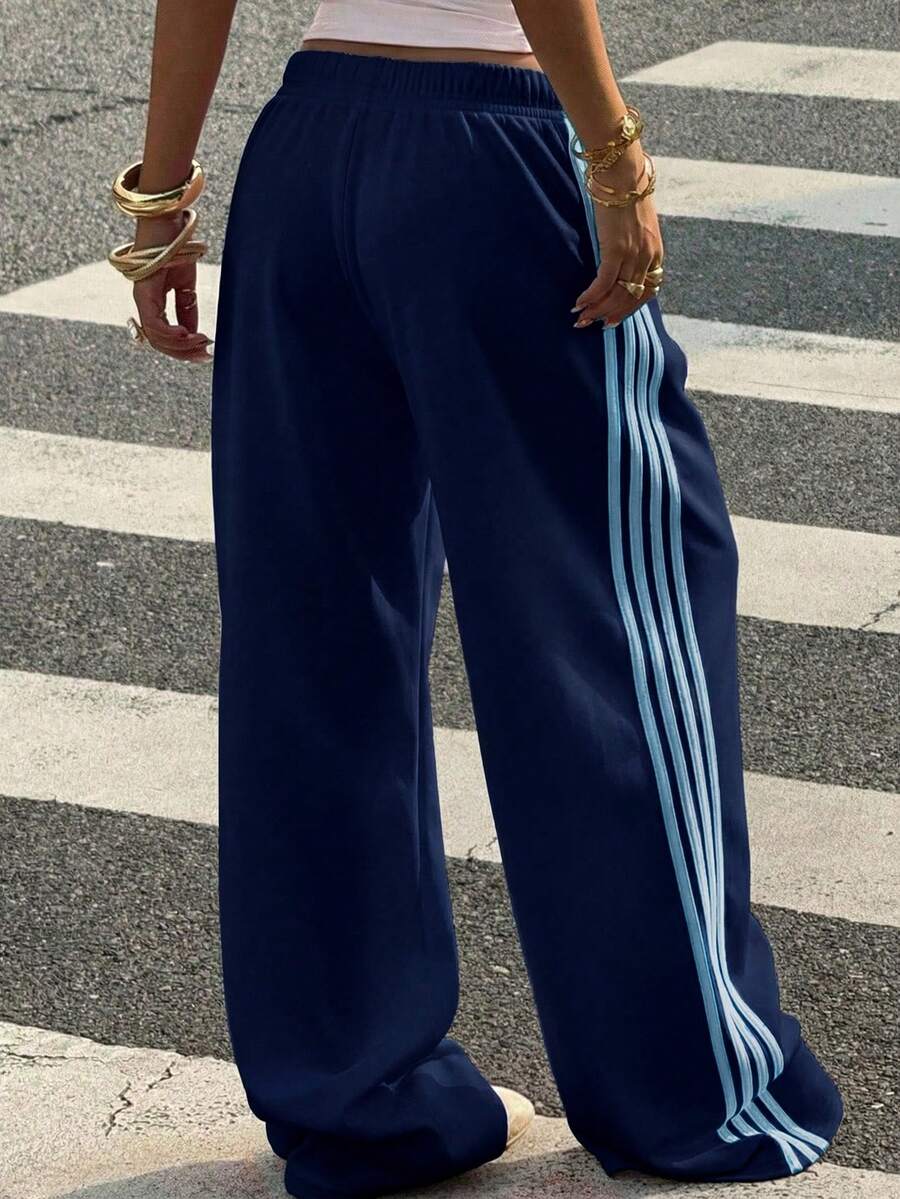 Muchica Women's White Striped Knitted Sweatpants Extra Long Straight Leg Pink Side Stripe Loose Fit Casual Track Pants For Everyday Wear White Beach Pants White Wide Leg Pants Women Wide Pants Wide Leg Summer Pants Palazzo Pants Women White Track Pants Women