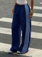 Muchica Women's White Striped Knitted Sweatpants Extra Long Straight Leg Pink Side Stripe Loose Fit Casual Track Pants For Everyday Wear White Beach Pants White Wide Leg Pants Women Wide Pants Wide Leg Summer Pants Palazzo Pants Women White Track Pants Women