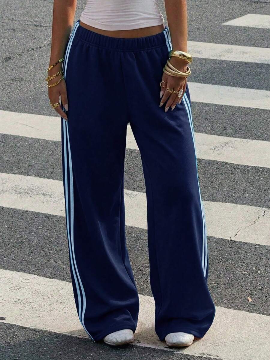 Muchica Women's White Striped Knitted Sweatpants Extra Long Straight Leg Pink Side Stripe Loose Fit Casual Track Pants For Everyday Wear White Beach Pants White Wide Leg Pants Women Wide Pants Wide Leg Summer Pants Palazzo Pants Women White Track Pants Women