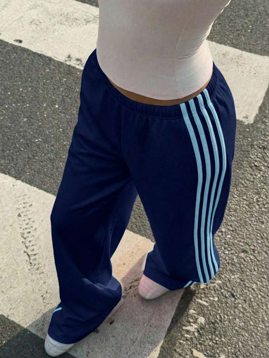 Muchica Women's White Striped Knitted Sweatpants Extra Long Straight Leg Pink Side Stripe Loose Fit Casual Track Pants For Everyday Wear White Beach Pants White Wide Leg Pants Women Wide Pants Wide Leg Summer Pants Palazzo Pants Women White Track Pants Women