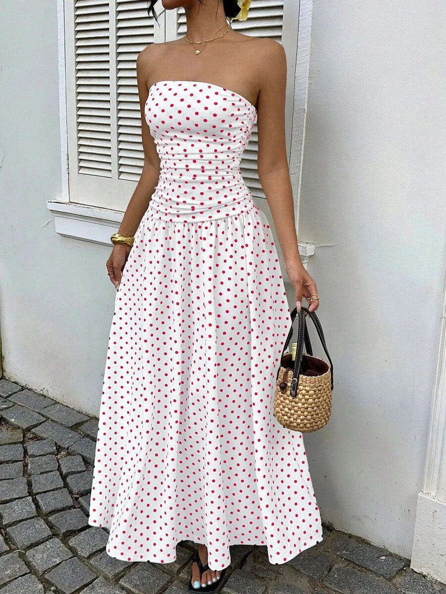 MainGRL Women's Polka Dot Print Waist Cinched Bandeau Dress, Vacation Style,Dresses For Women Casual Sun Dress Long Brown Long Dress Brown Sundress Brown Maxi Dress Brown Polka Dot Dress