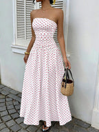 MainGRL Women's Polka Dot Print Waist Cinched Bandeau Dress, Vacation Style,Dresses For Women Casual Sun Dress Long Brown Long Dress Brown Sundress Brown Maxi Dress Brown Polka Dot Dress