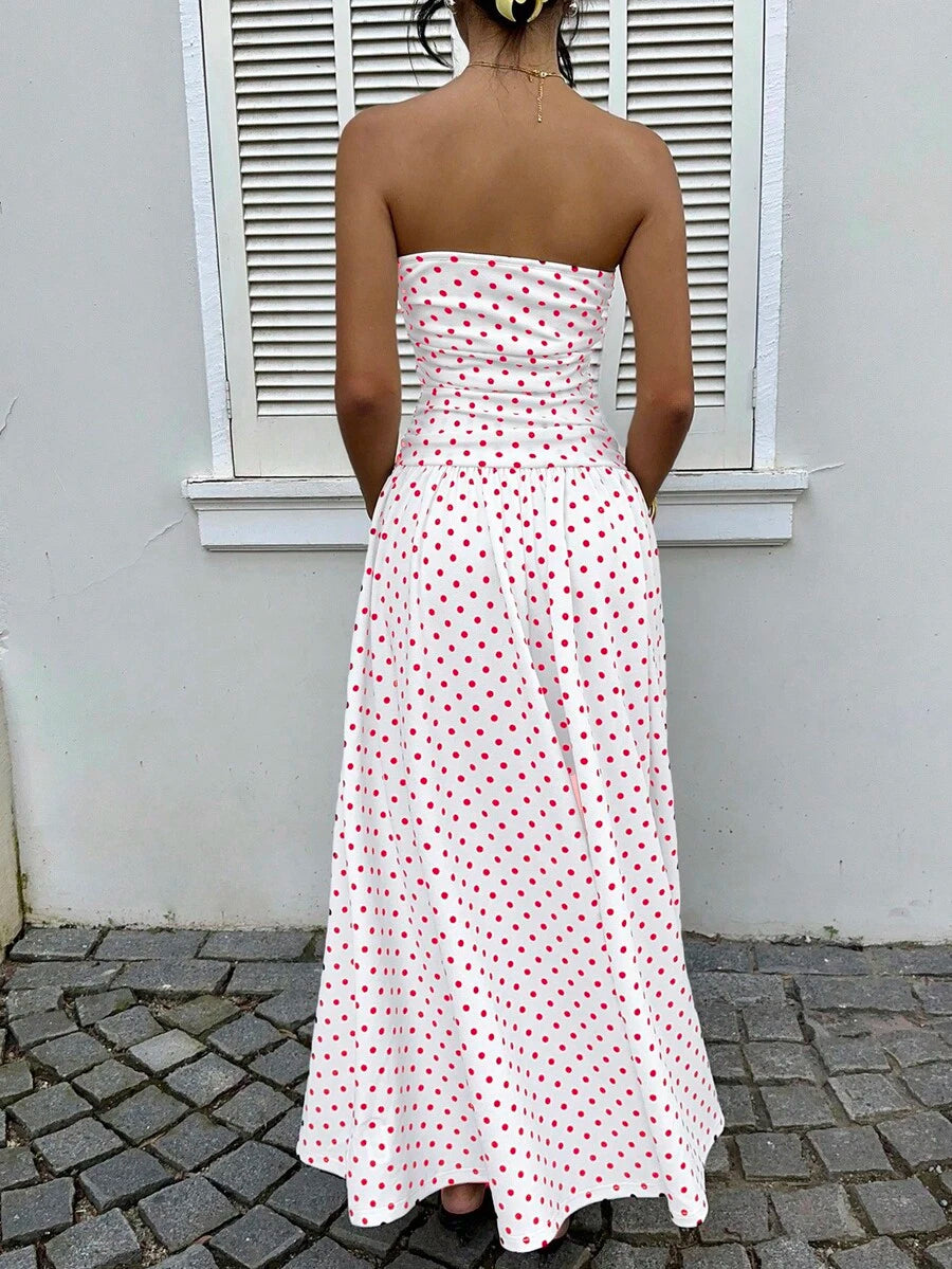 MainGRL Women's Polka Dot Print Waist Cinched Bandeau Dress, Vacation Style,Dresses For Women Casual Sun Dress Long Brown Long Dress Brown Sundress Brown Maxi Dress Brown Polka Dot Dress